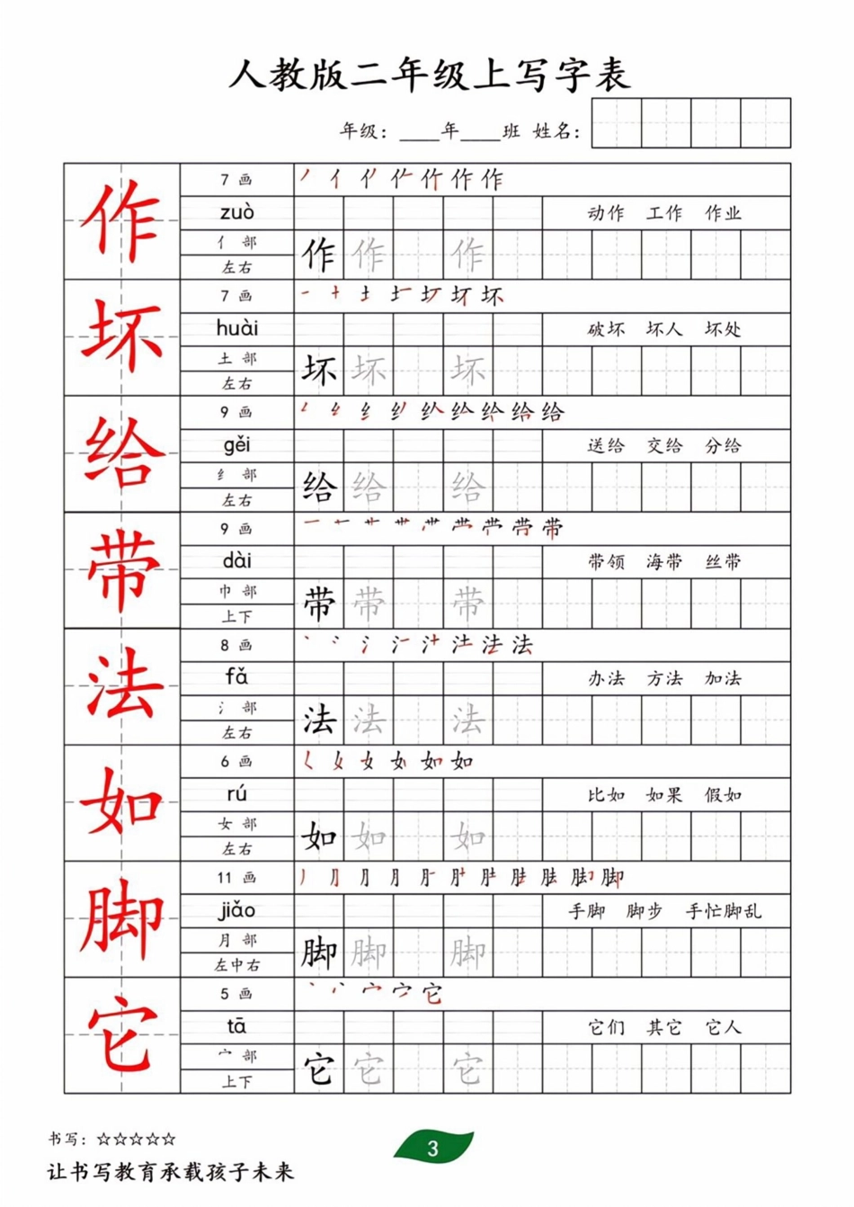 小学二年级上册二年级上册全册生字写字表.pdf_第3页