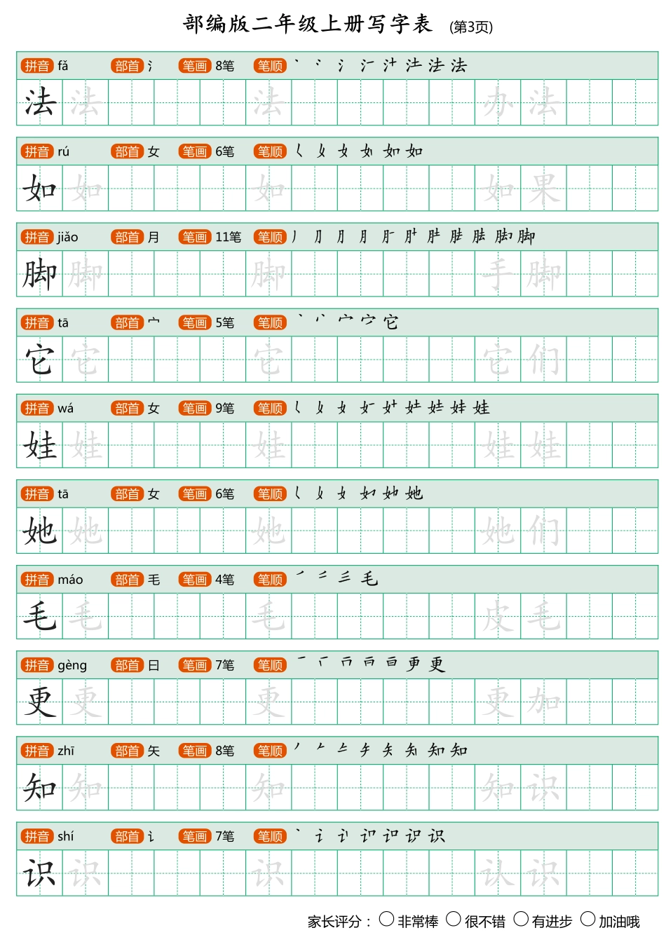 小学二年级上册部编版二年级上册写字表《田字格字帖》.pdf_第3页