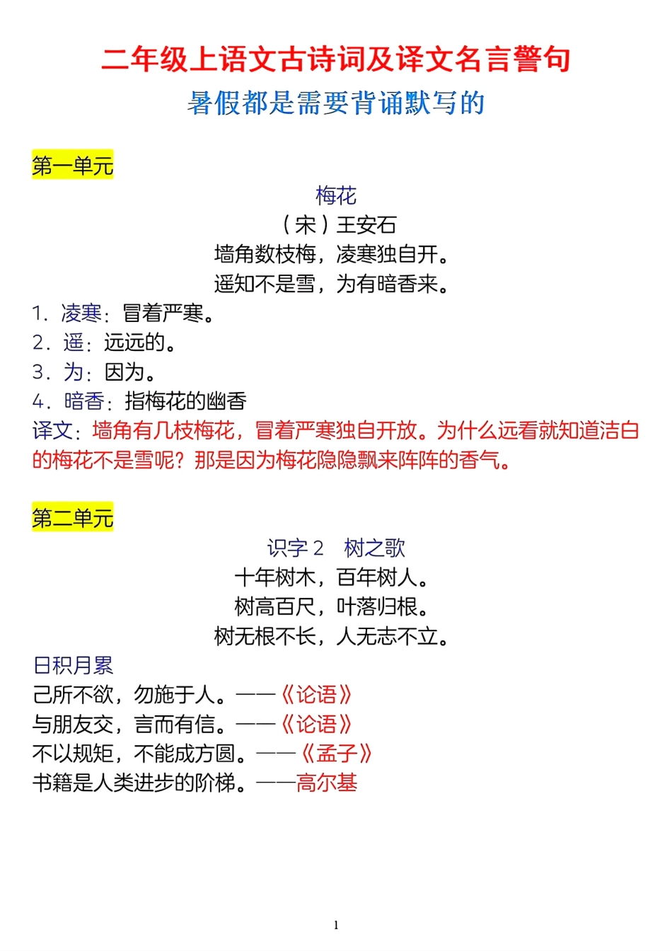 小学二年级上册二年级上册语文古诗词及译文名言警句.pdf_第1页