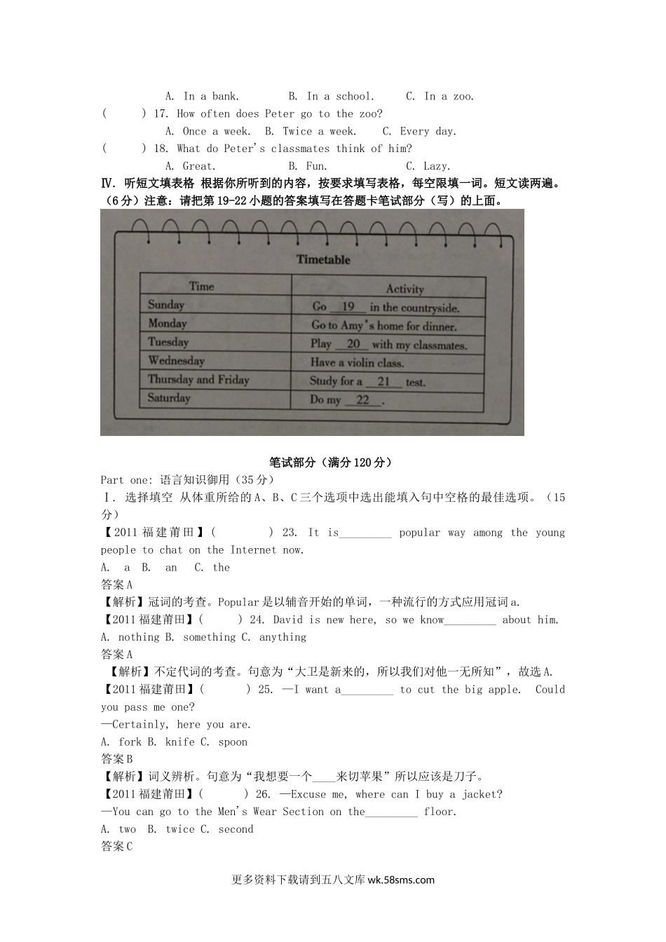 2011年福建省莆田市中考英语真题及答案15页.doc_第2页