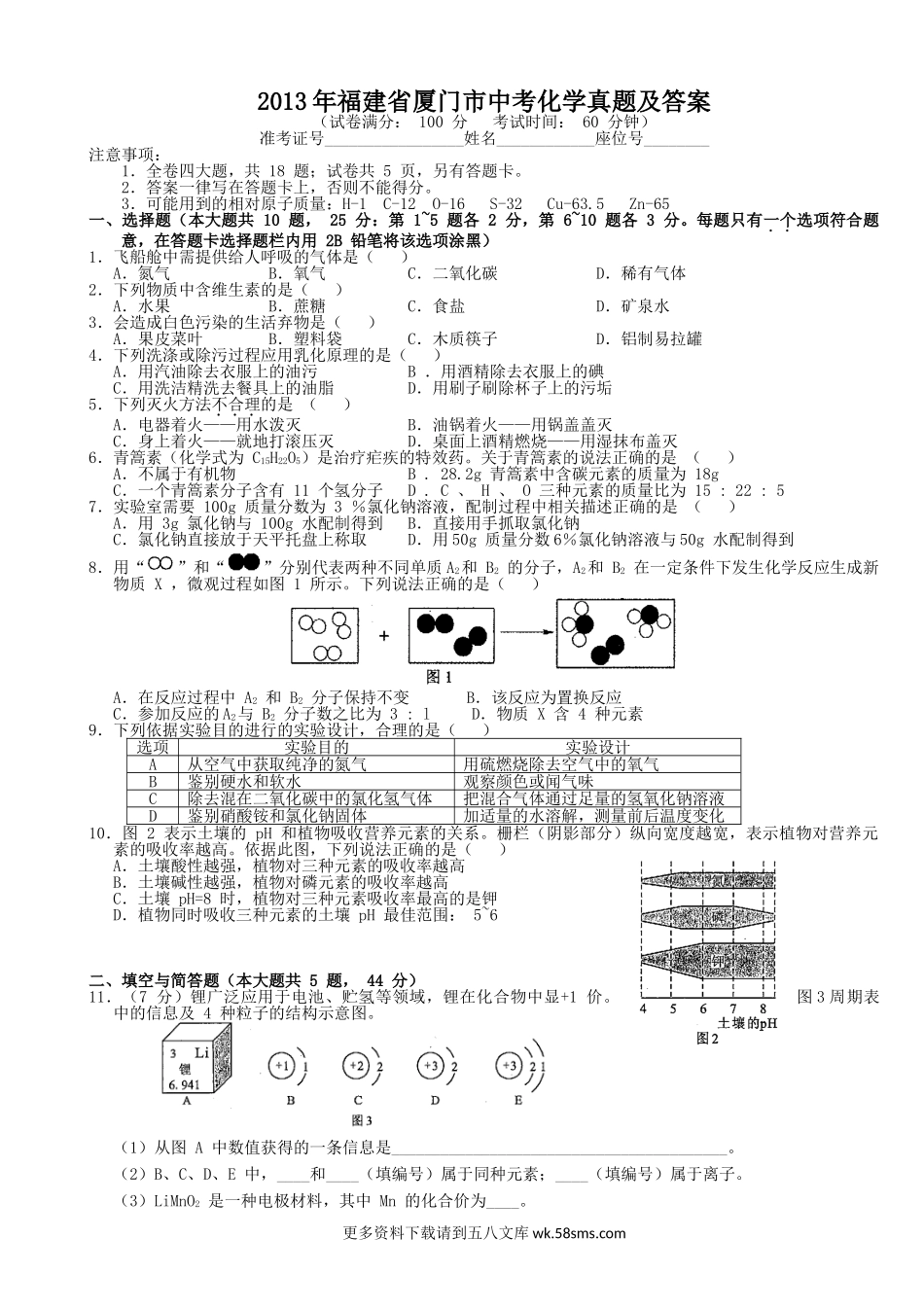 2013年福建省厦门市中考化学真题及答案6页.doc_第1页