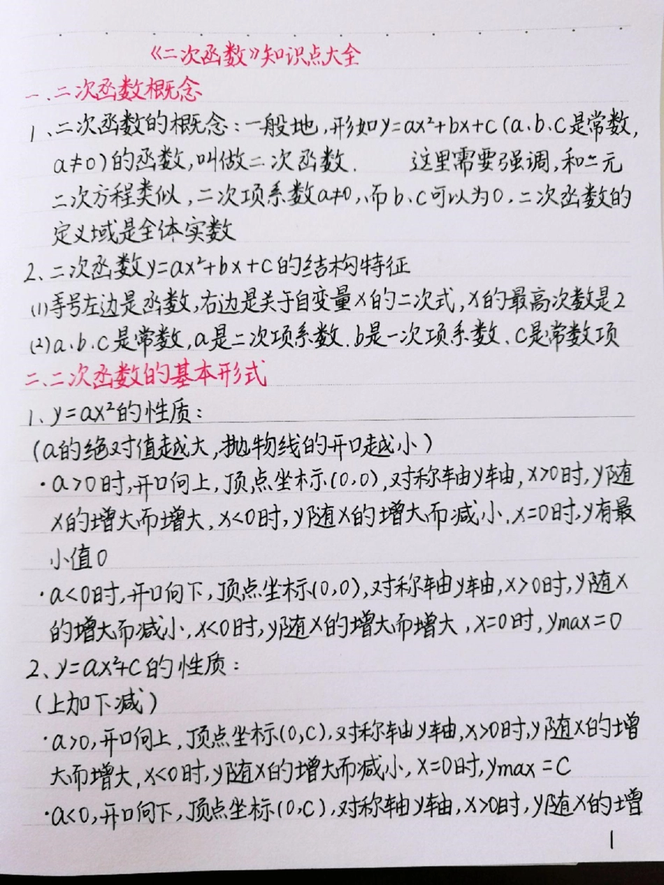 初中数学二次函数知识点，很全很详细，掌握了这些知识点，刷题的时候才不会束手无策喔初中数学 二次函数 手写笔记.pdf_第1页