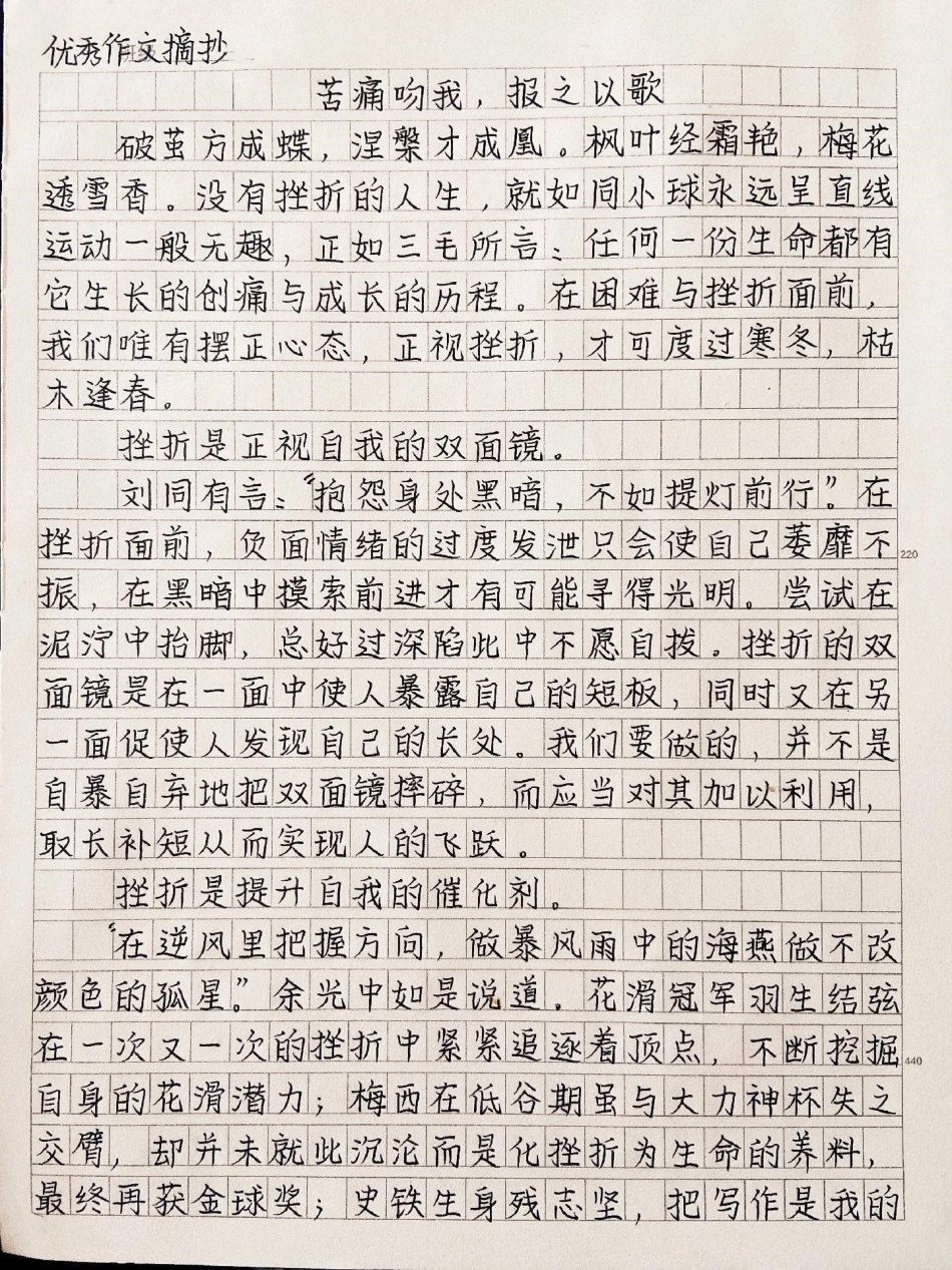 关于挫折的作文摘抄《苦痛吻我，报之以歌》作文.pdf_第1页