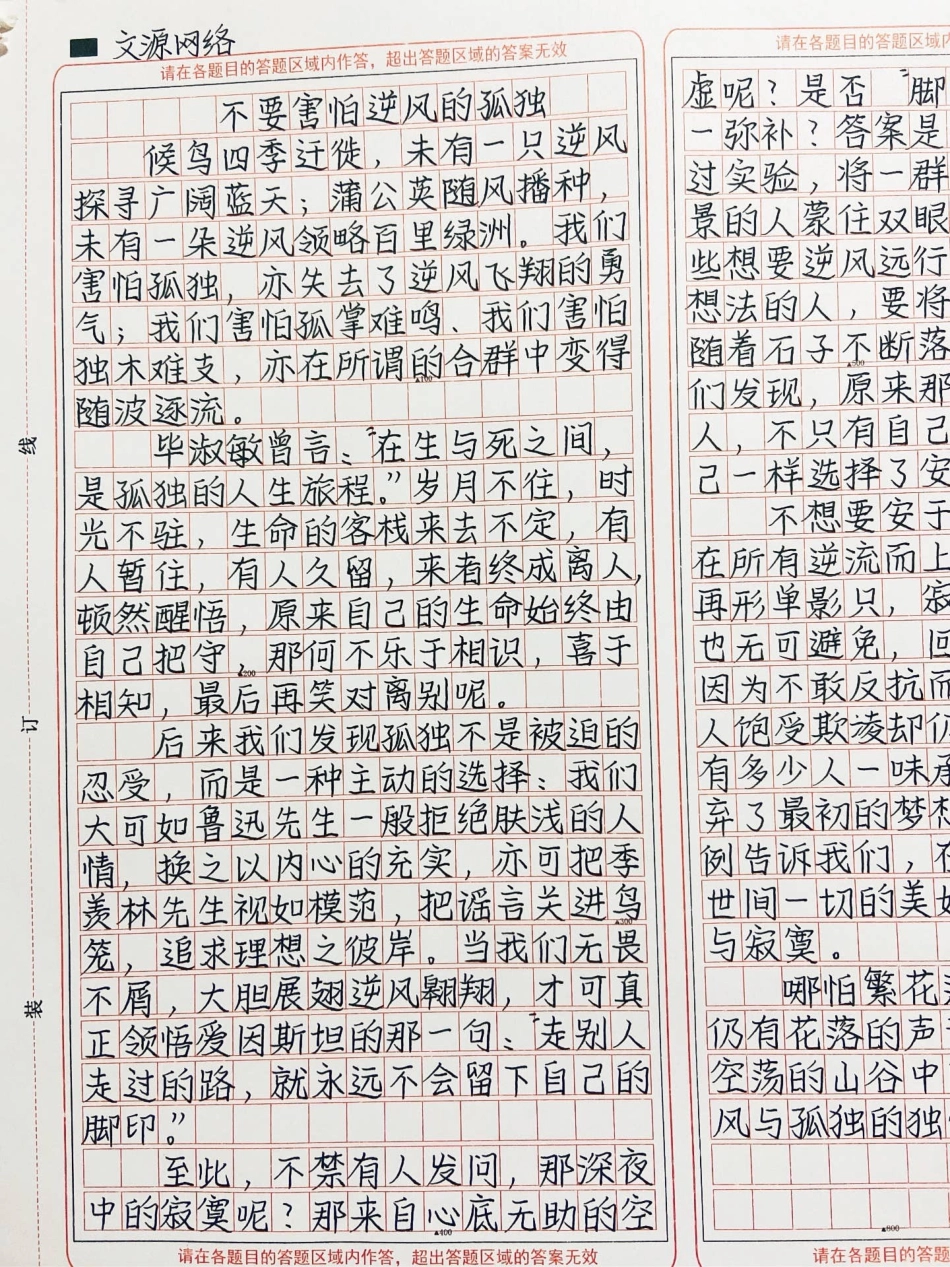 优秀作文《不要害怕逆风的孤独》我们害怕孤独，亦失去了逆风飞翔的勇气，我们害怕孤掌难鸣，我们害怕独木难支，亦在所谓的合群中变得随波逐流作文.pdf_第2页