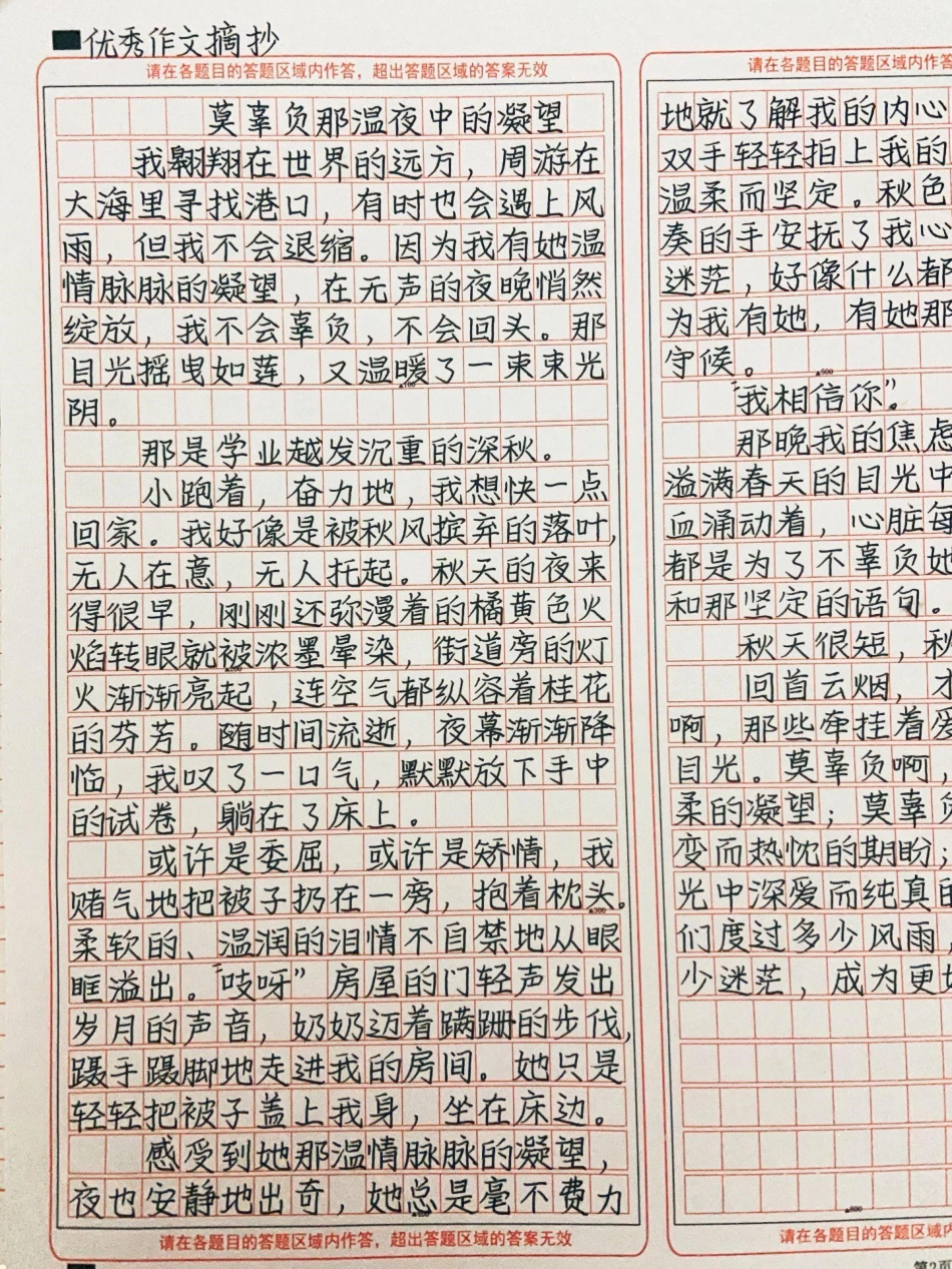 优秀作文《莫辜负那温夜中的凝望》莫辜负那时光中深爱而纯真的亲情，支持着我们度过多少风雨，陪伴我们走讨多少迷茫，成为更好的自己作文.pdf_第1页