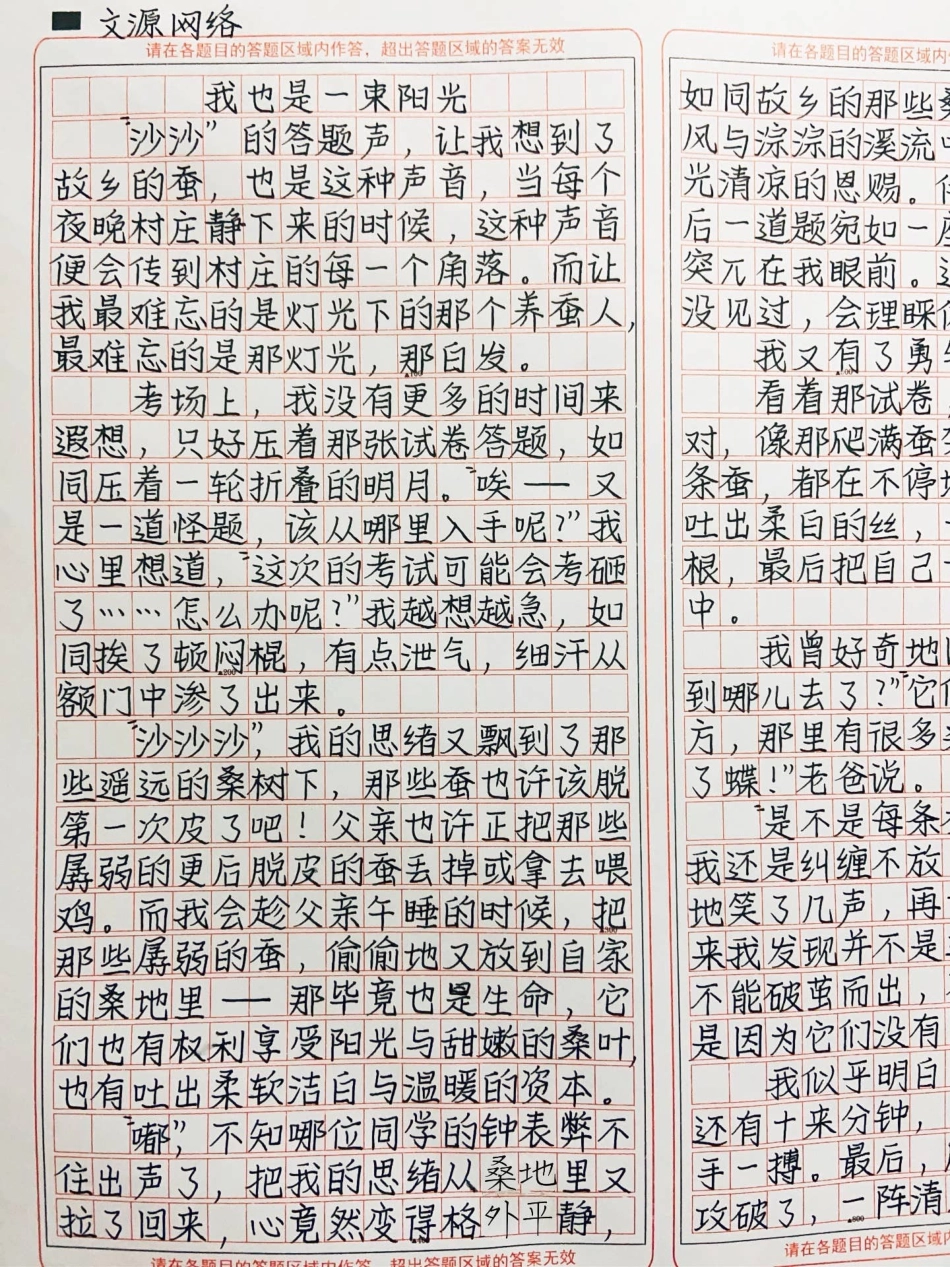 优秀作文《我也是一束阳光》一束束自信的阳光驱散了我身边的阴影，我如一条蚕吐出无数暖意……作文.pdf_第2页