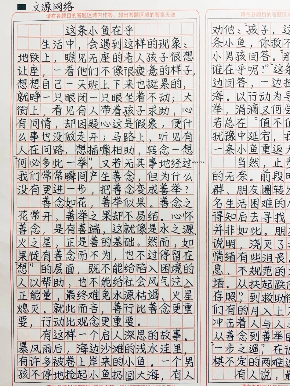 优秀作文《这条小鱼在乎》让善念更多转化为善行，让善行善举少一些无奈，每个人都不是旁观者。善念在路上，我们也不能让善行迟到作文.pdf_第1页