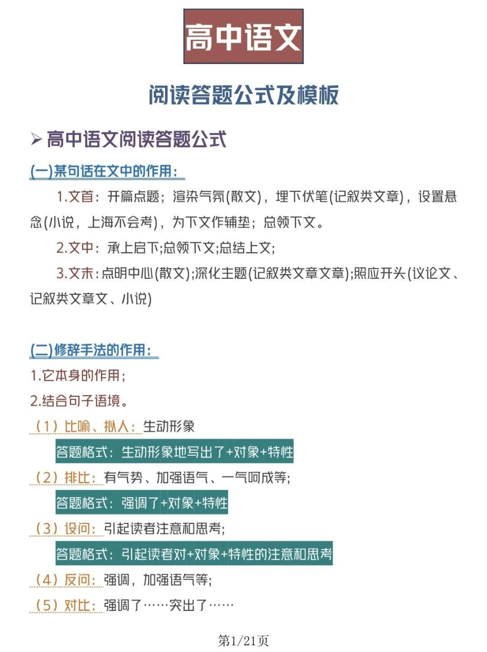 语文阅读理解答题公式及模板，努力背熟知识点总结 阅读理解.pdf_第1页