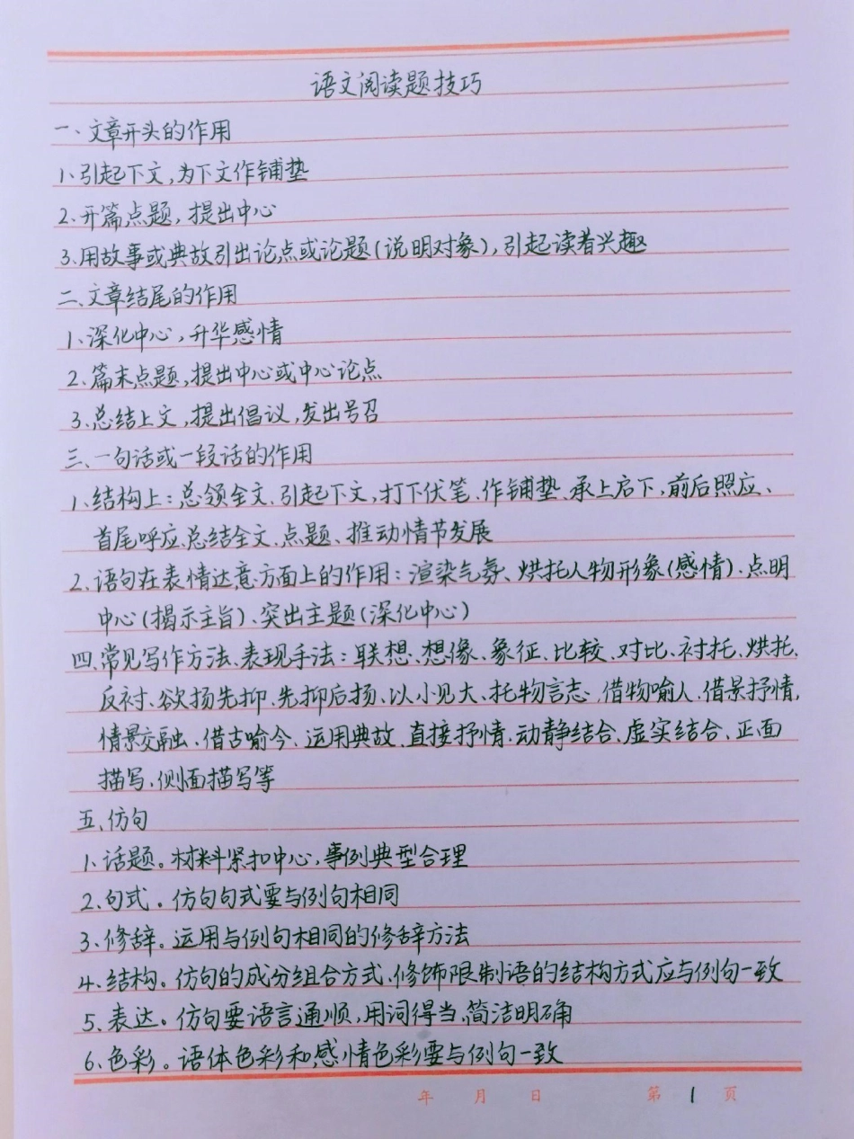 语文阅读理解答题技巧，背熟了阅读理解不用愁啦语文 阅读理解 手写笔记.pdf_第1页