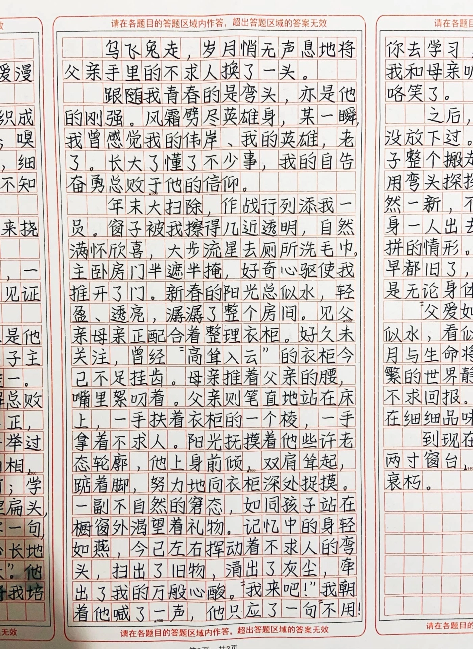 “父爱如水”。父爱实似水，看似波澜不惊，实则在用岁月与生命将小舟送向彼岸。他在纷繁的世界静静地望着，不求他人，不求回报。待水落石出，这父爱终在细细品味中绽放。作文.pdf_第2页