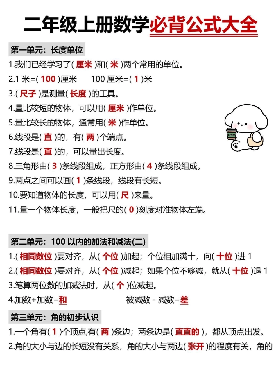 二年级上册数学必背公式大全。二年级上册数学重点公式，老师给大家整理出来了。家长给孩子打印一份出来学习。都是考试常考必考知识点，有电子版可打印，家长快给孩子打印出来学习吧！二年级 二年级数学 公式.pdf_第2页