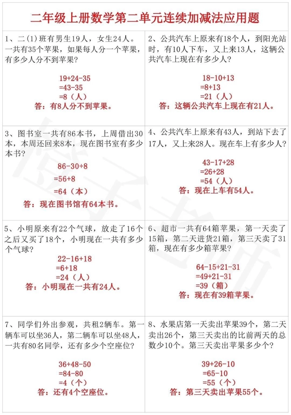 二年级上册数学第二单元连续加减法应用题知识点总结 学习辅导资料 学霸秘籍 二年级.pdf_第1页