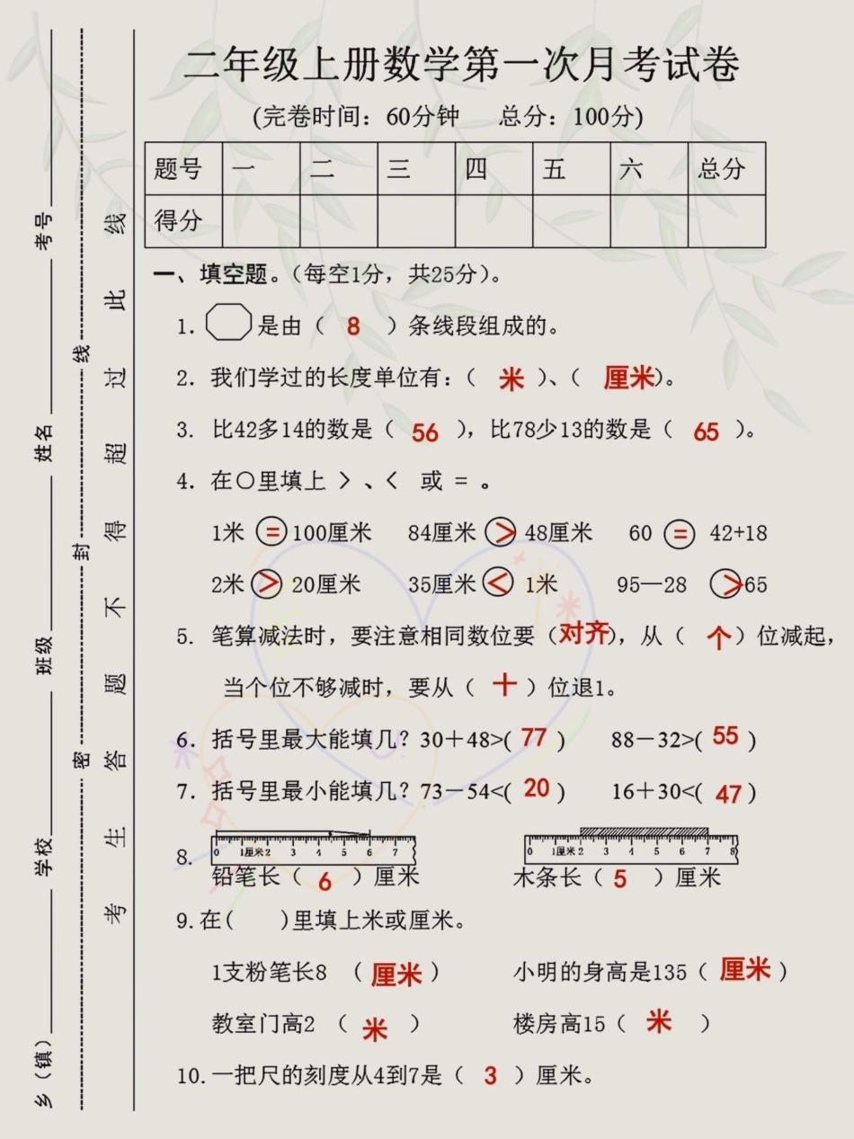 二年级上册数学第一次月考卷来了‼。有空白电子版可打印，家长打印出来给孩子练习一下吧 二年级上册数学 必考考点 月考卷 第一次月考测试卷.pdf_第1页