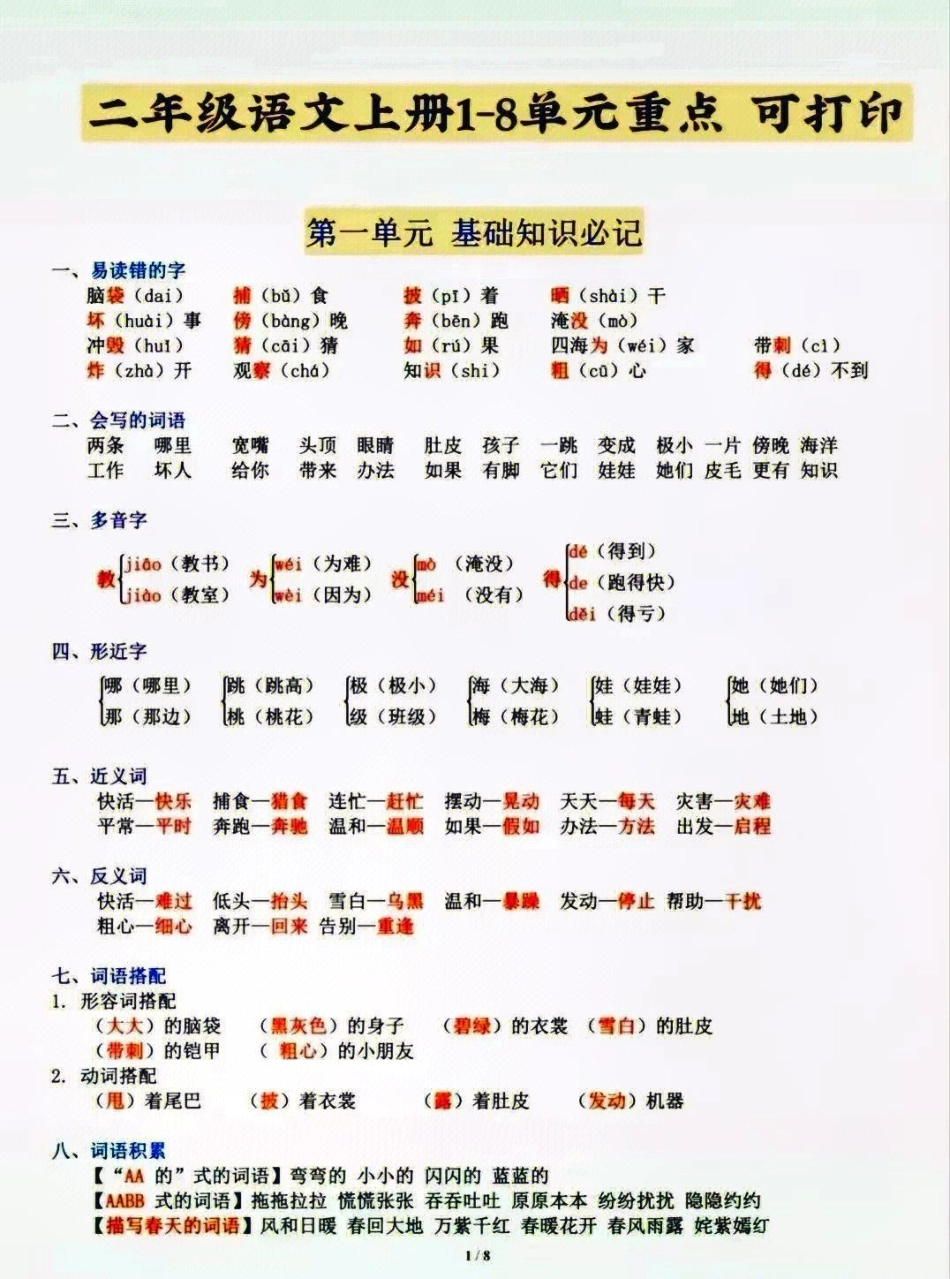 二年级上册语文1-8单元基础知识汇总。小学语文资料分享 小学知识点归纳.pdf_第1页