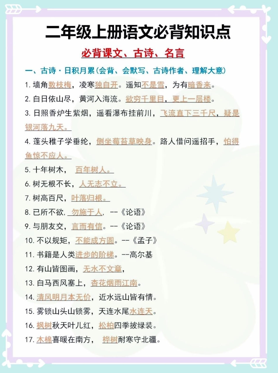 二年级上册语文必背内容汇总‼。班主任强烈推荐⚠家长抓紧打印出来给孩子学习吧二年级上册语文 二年级重点知识归纳 考点梳理 知识点总结二年级语文上册知识归纳.pdf_第2页