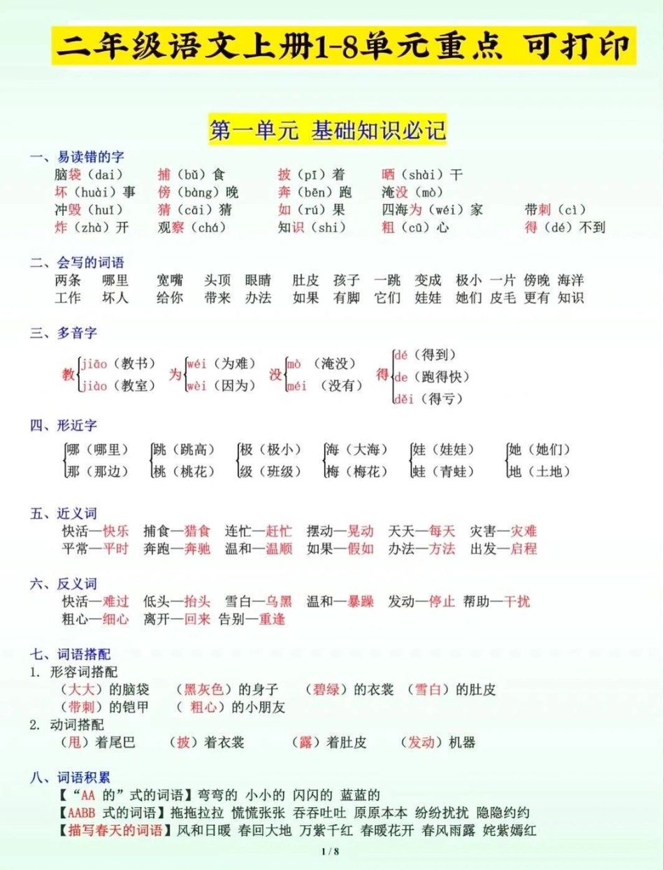 二年级上册语文知识点总结。二年级上册语文 语文 二年级语文上册知识归纳.pdf_第1页