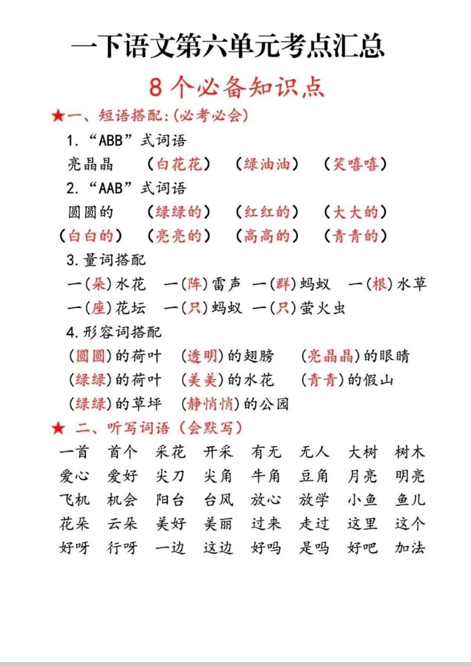 第六单元考点汇总。第六单元知识点汇总语文  一年级 第六单元 知识点总结.pdf_第1页