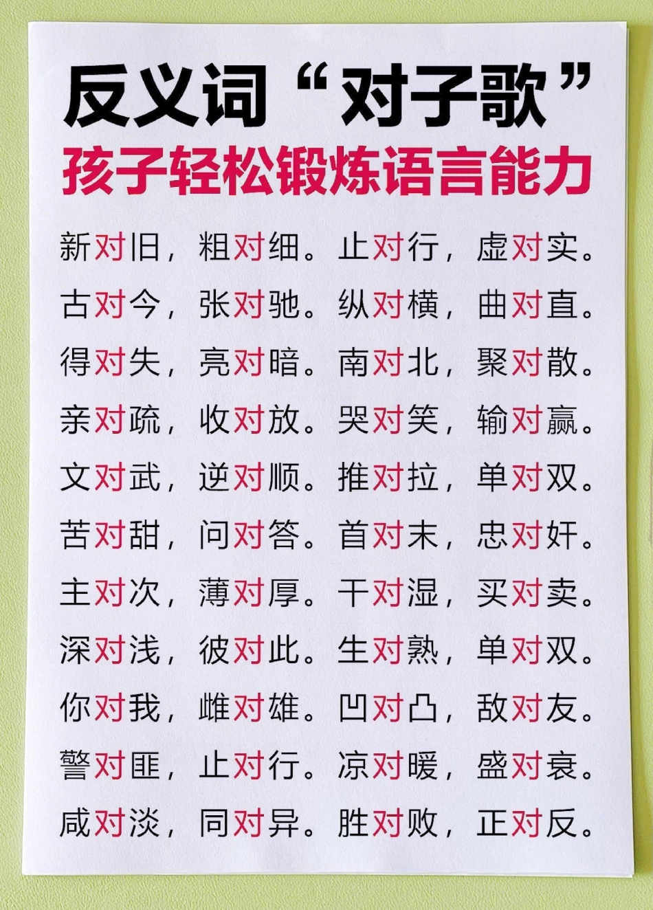 反义词!对子歌!增长智慧锻炼口才必备。反义词!对子歌!增长智慧锻炼口才必备家长快给孩子收藏起来，没事带着孩子念~反义词 反义词对子歌  一年级重点知识归纳 一年级语文下册 词语积累.pdf_第3页