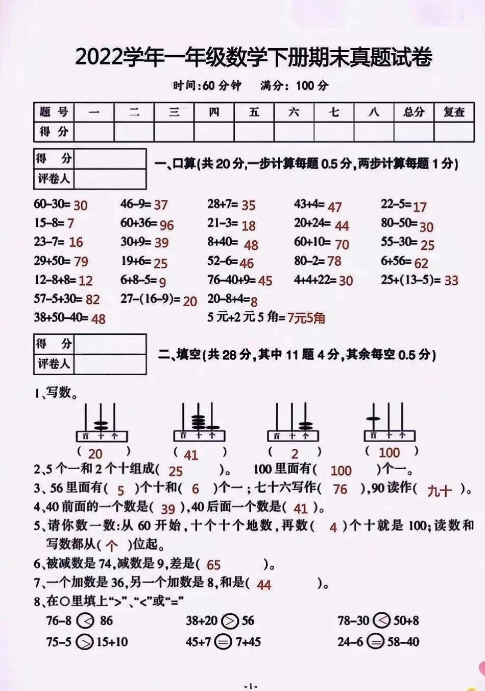 人教版一年级下册数学期末试卷 一年级重点知识归纳 一年级数学 小学试卷分享.pdf_第1页