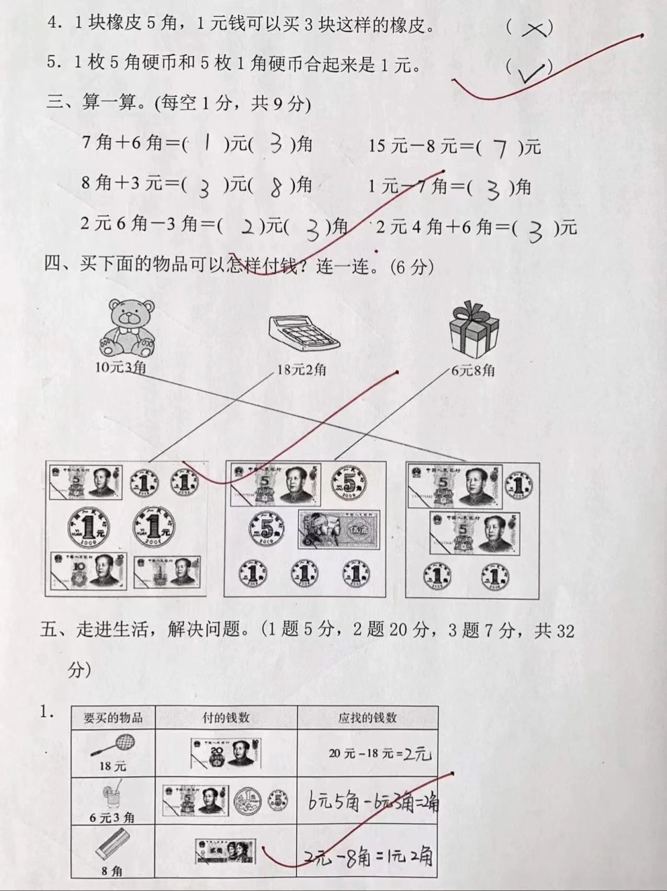 人民币练习一年级下册数学第五单元检测卷 关注我持续更新小学知识 一年级数学.pdf_第2页