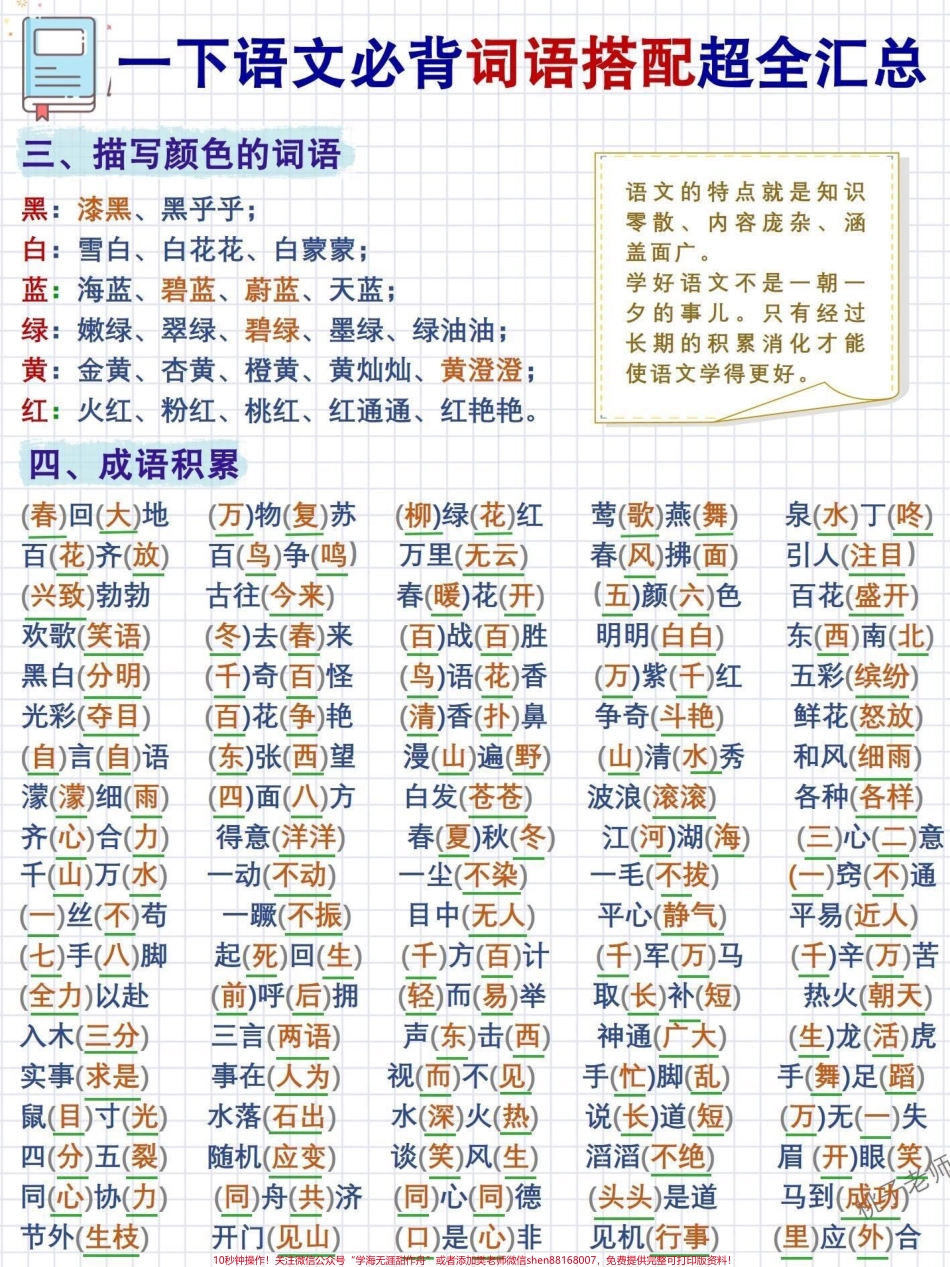 提分必背，一年级语文词语搭配汇总！有些同学语文成绩不好，一直找不到好的学习方法。语文的特点就是知识零散、内容庞杂、涵盖面广。语文的学习是一个不断积累的过程，是不可能一蹴而就的，只有在平时多读多思多想多.pdf_第2页