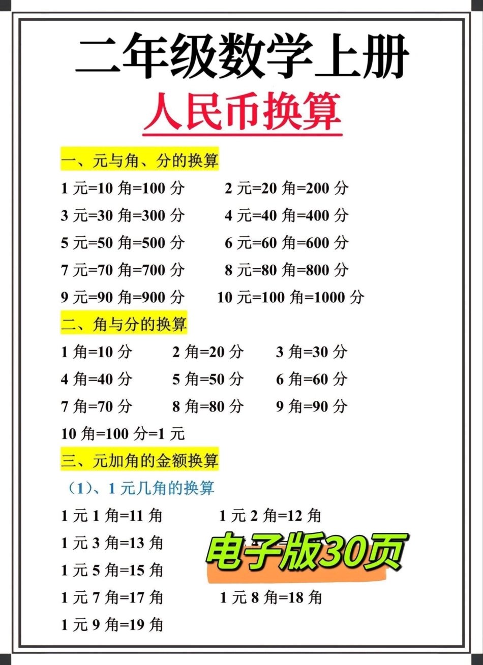 二年级数学上册人民币换算专项练习知识汇总。第二单元开始学习认识人民币了，老师整理这份人民币换算专项练习针对性强，打印给孩子熟读练习‼二年级数学认识人民币人民币换算 二年级 二年级上册.pdf_第1页