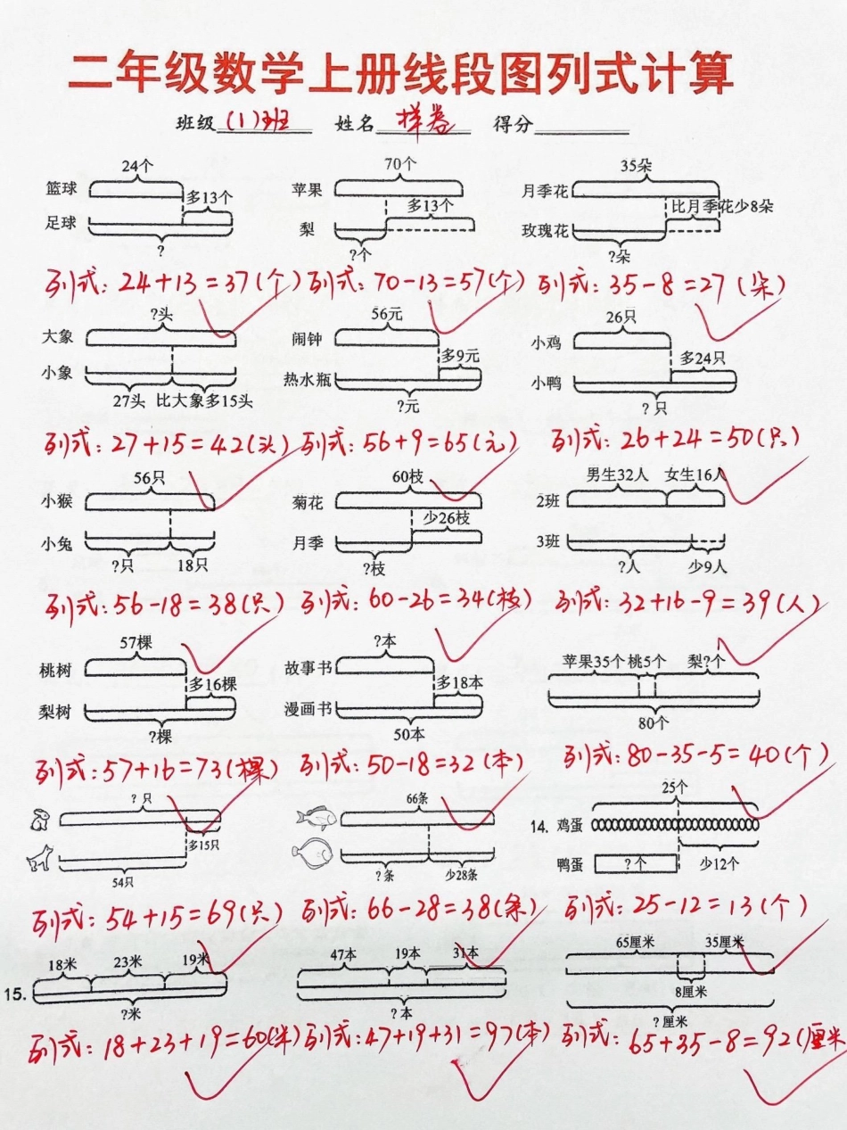 二年级数学上册线段图列式计算专项练习。二年级 二年级数学 二年级数学上册线段图 二年级上册数学.pdf_第1页