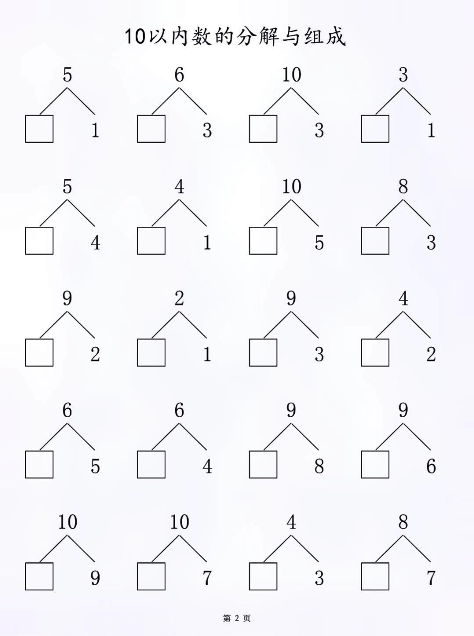 一年级10以内数的分解与组成练习，一年级的家长打印给孩子们练习，有电子版知识点总结 小学知识点归纳 学习 一年级数学 数学学习方法和技巧.pdf_第2页