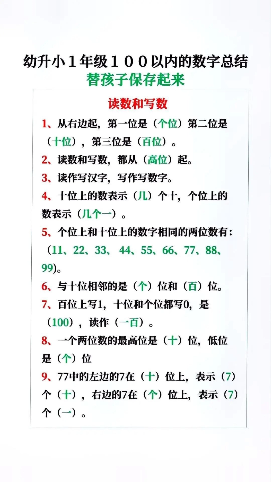 一年级100以内的数字总结，需要就收藏起来给孩子用起来做智慧父母培养优秀孩子 幼小衔接 一年级 小学数学 知识点总结.pdf_第2页