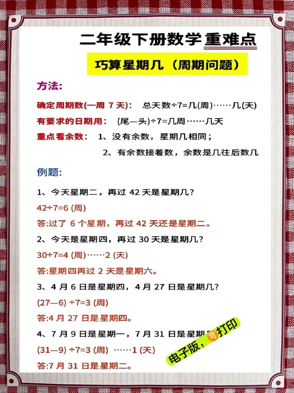 二年级数学下册《重点难点思维题》两大问题解决技巧和方法，巧算星期几解决周期问题还原问题强化思维训练，老师精心整理，家长可以打印出来给孩子练习 学霸秘籍 思维训练 二年级 知识点总结.pdf_第2页