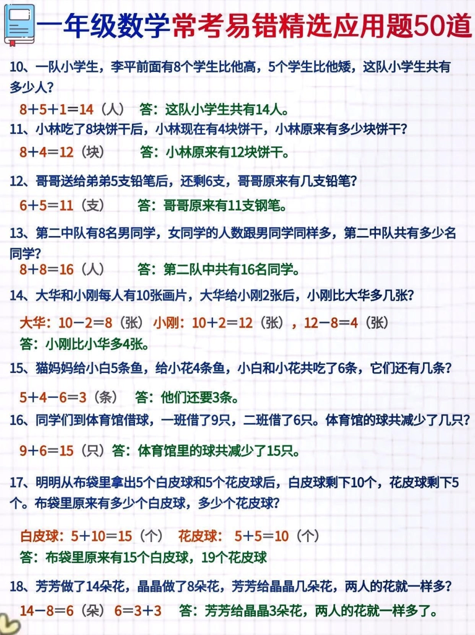 一年级常考易错精选应用题 一年级重点知识归纳 一年级 关注我持续更新小学知识 一年级数学 一年级数学题 数学不能只靠理论知识，还需要多练多刷题，今天小琴老师为大家整理了一年级数学应用题50道。每天练一.pdf_第2页