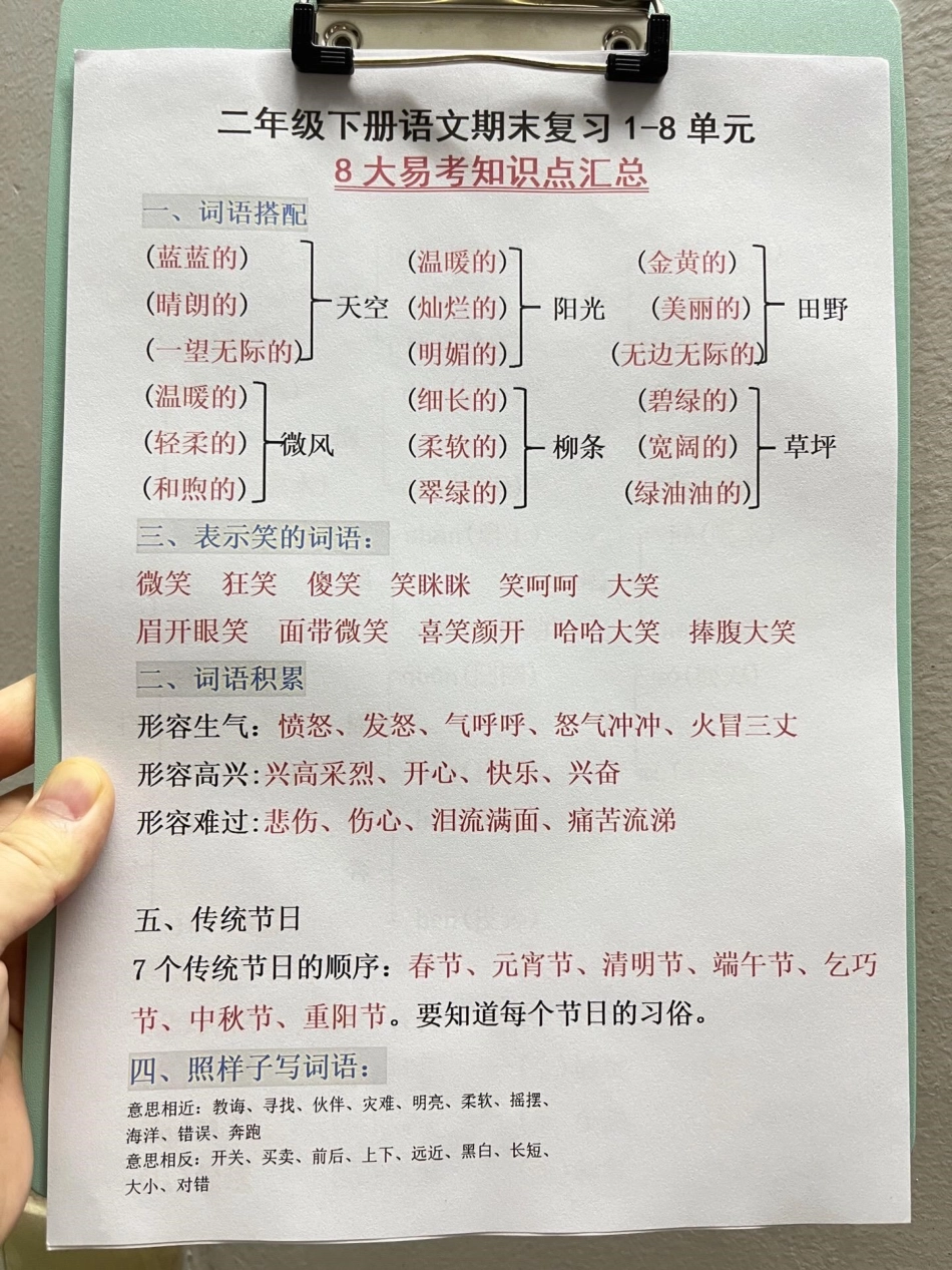 二年级下册语文期末复习资料，其中精选了8。个必背考点的汇总。这份资料是老师精心整理的，涵盖了二年级下册语文期末1-8单元的必背考点。我们建议家长将其打印出来让孩子阅读、背诵，以帮助孩子更好地复习和备.pdf_第2页