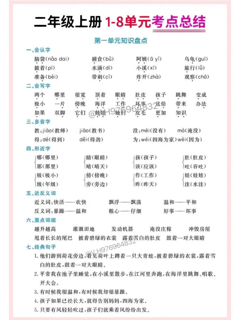 二年级语文上册 1-8单元考点总结。二年级语文上册 1-8单元考点总结，期末复习必备，快打印出来给孩子读一读，考试稳拿98分➕二年级 必考考点  二年级上册语文.pdf_第1页