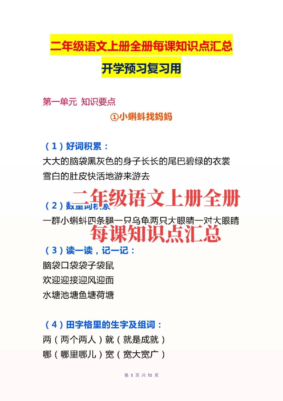 二年级语文上册，每课知识点汇总。二上语文每课知识点汇总二年级语文 感谢我要上热门.pdf_第1页