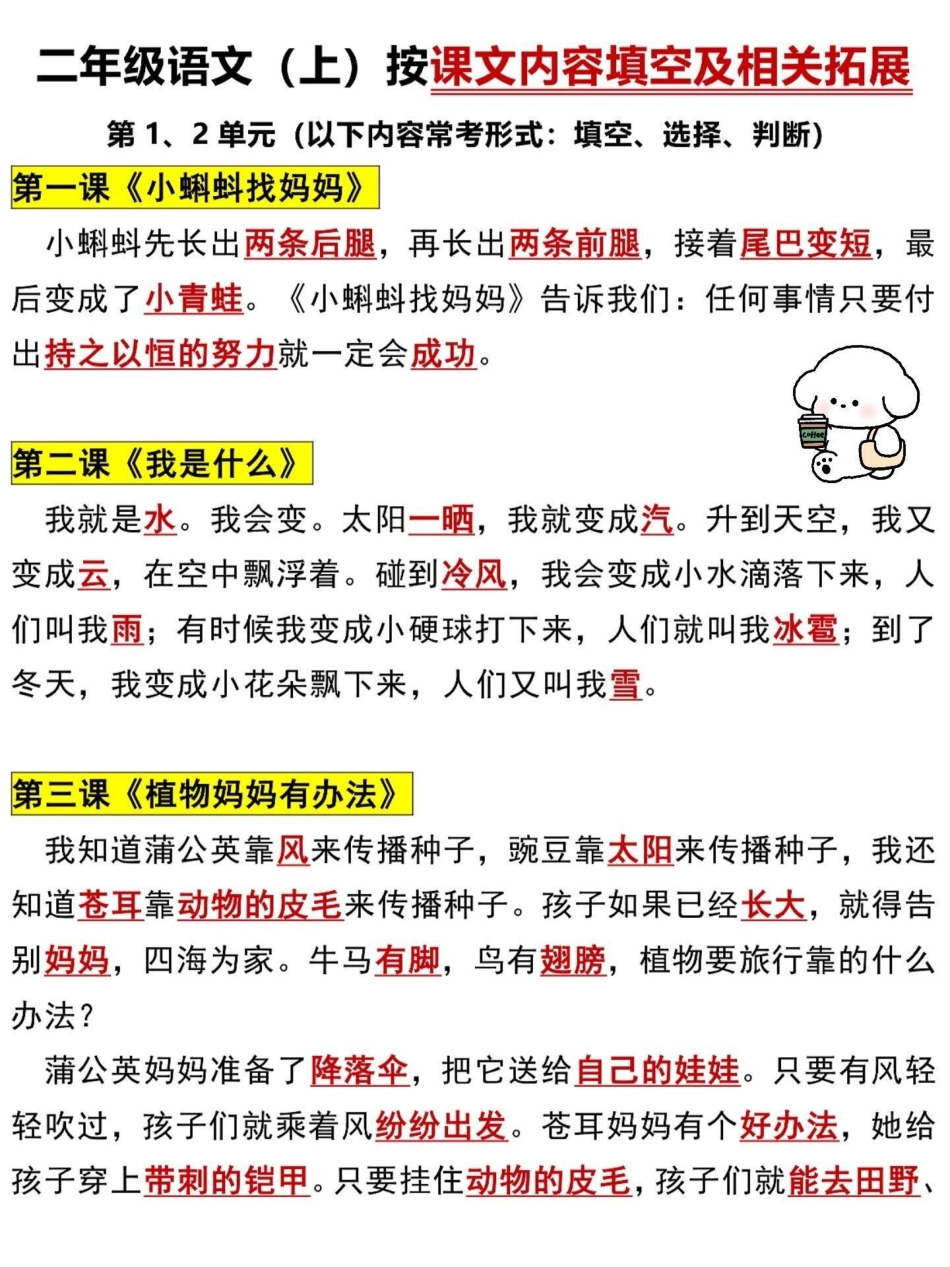 二年级语文上册课文内容填空及相关拓展。二年级上册语文课文内容总结，老师给大家整理出来了。家长给孩子打印一份出来学习。都是考试常考必考知识点，有电子版可打印，家长快给孩子打印出来学习吧！二年级语文 二年.pdf_第2页