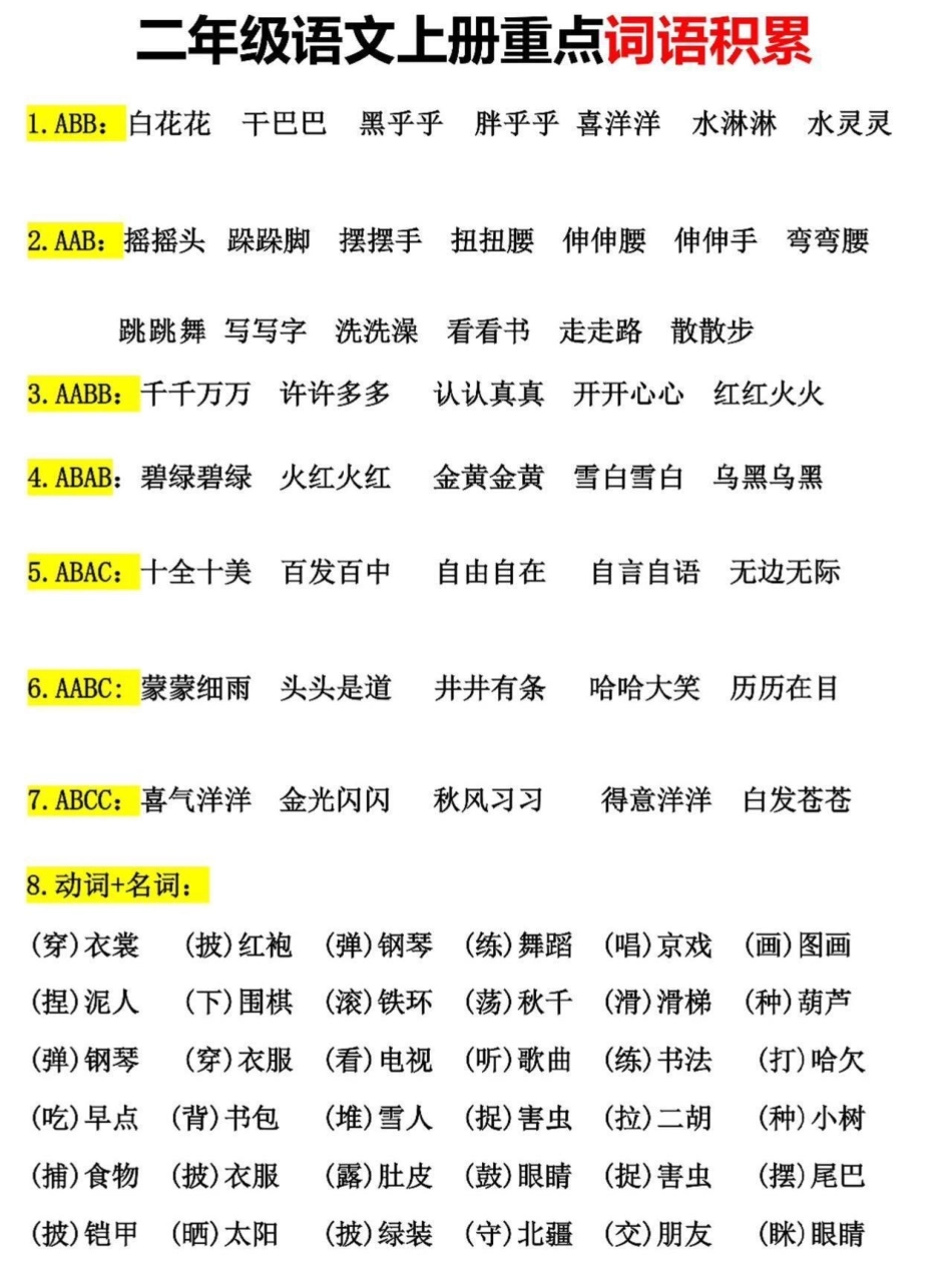 二年级语文上册重点词语积累。二年级上册语文课文重点，老师给大家整理出来了。家长给孩子打印一份出来学习。都是考试常考必考知识点，有电子版可打印，家长快给孩子打印出来学习吧！二年级语文 知识点总结 词语积.pdf_第2页