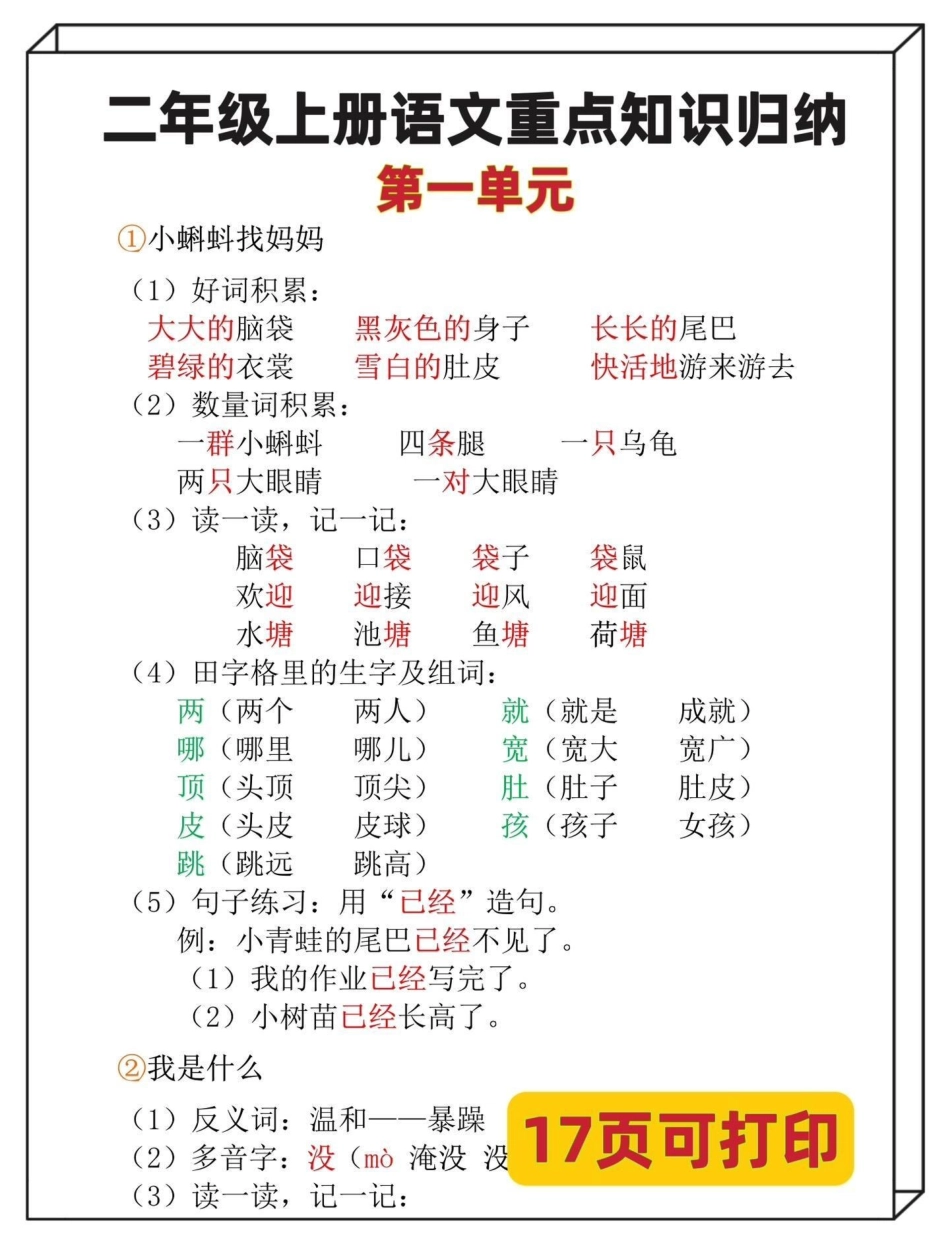 二年级语文上册重点知识归纳总结‼。语文任课老师推荐‼二年级1-8单元知识总结，打印给孩子熟读熟记‼二年级上册语文 二年级语文上册知识归纳 二年级语文 二年级语文上册 二年级上册.pdf_第2页