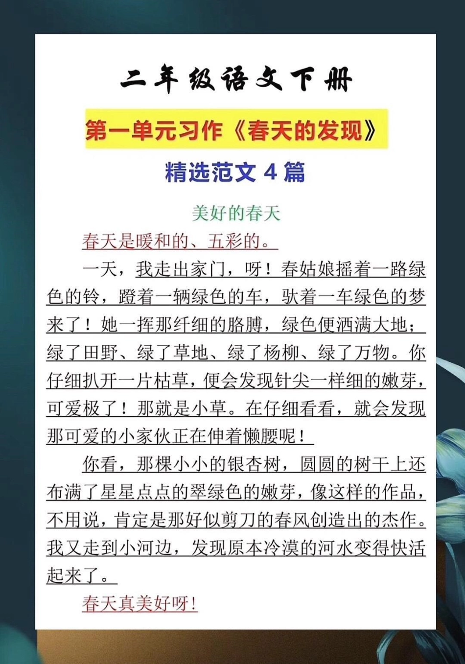 二年级语文下册，第一单元习作《春天的发现。》练习范文，家长给孩子打印出来知识点总结.pdf_第1页