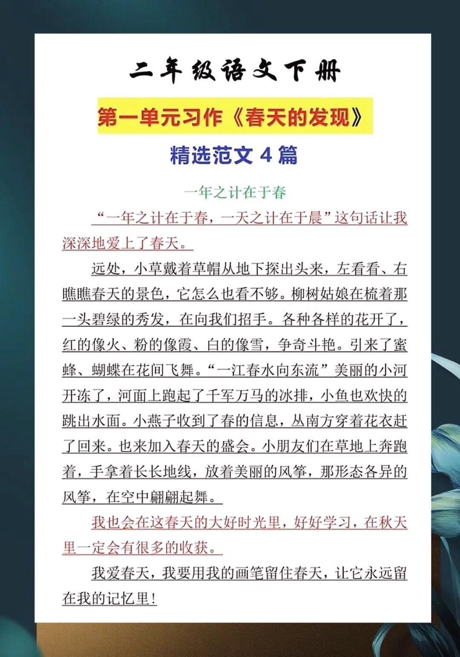 二年级语文下册，第一单元习作《春天的发现。》练习范文，家长给孩子打印出来知识点总结.pdf_第2页