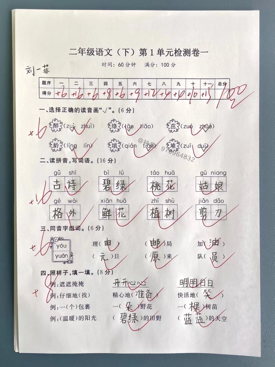 二年级语文下册第一单元测试。二年级  二年级语文 第一单元测试卷 必考考点.pdf_第1页