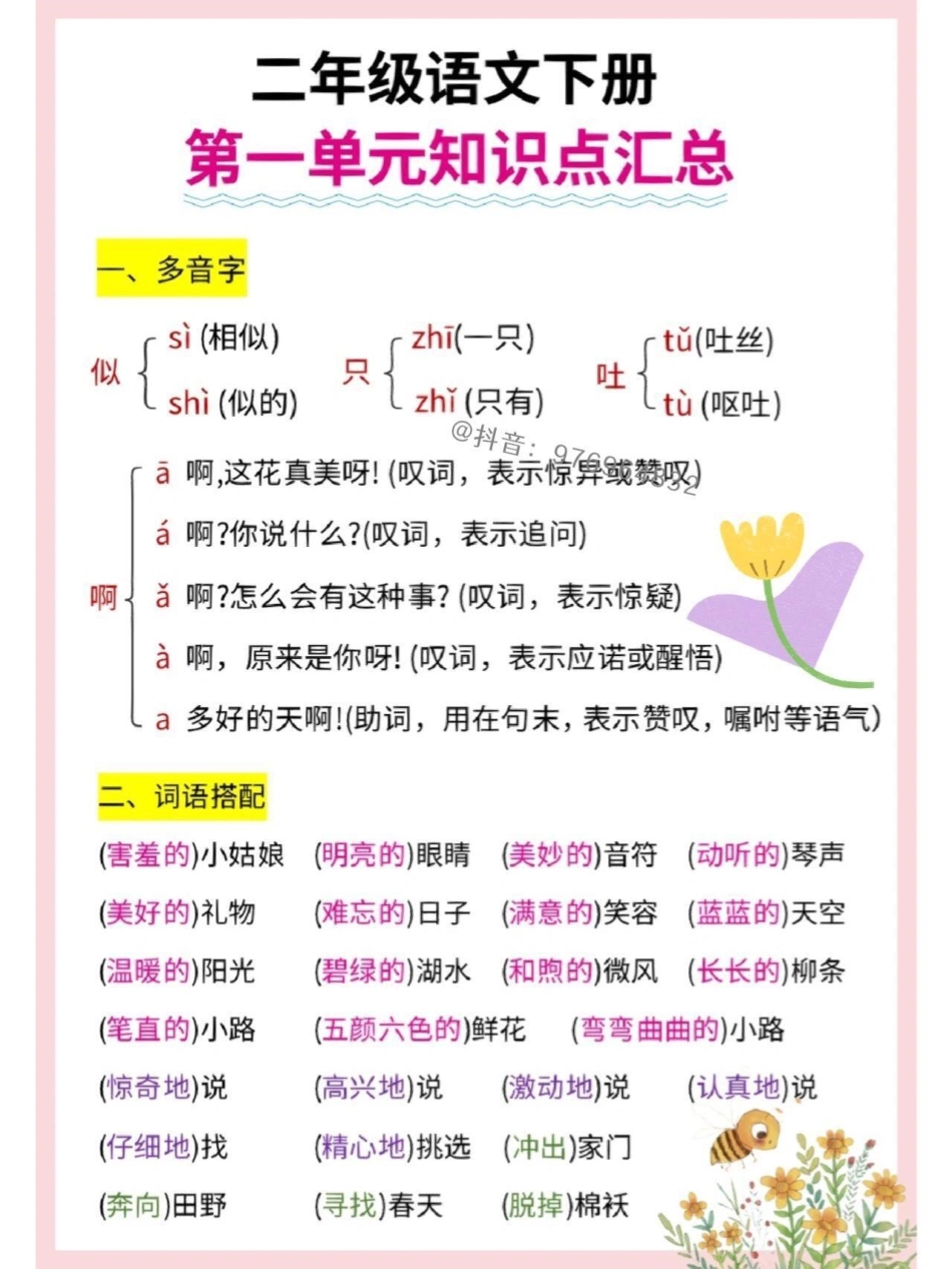 二年级语文下册第一单元考点汇总。二年级  二年级下册语文 必考考点 二年级语文.pdf_第1页