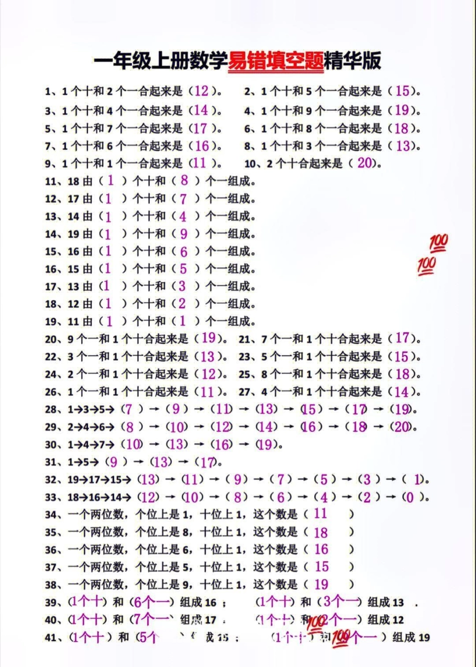 一年级上册数学期末必考易错填空题精华版 小学知识点归纳 学习 知识点总结 一年级数学.pdf_第1页