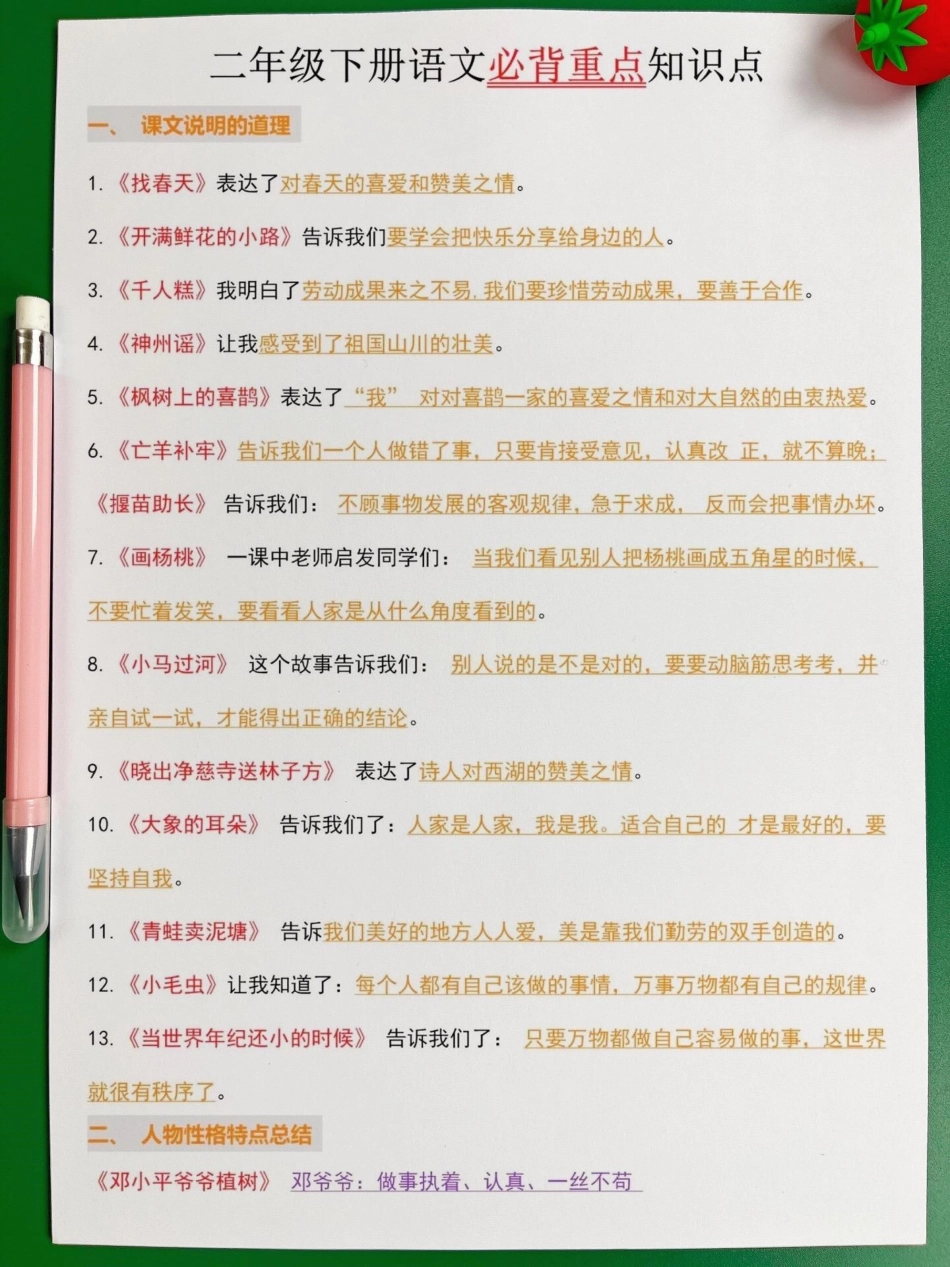 二年级语文下册全册重要知识点归纳。一共有14页！基本上都在这里了，囊括了全册课内一大部分必须要掌握的重点核心，期中期末高频率出题⚠家长打印出来给孩子记一记吧，争取取得好成绩！二年级语文下册 知识点总结.pdf_第2页