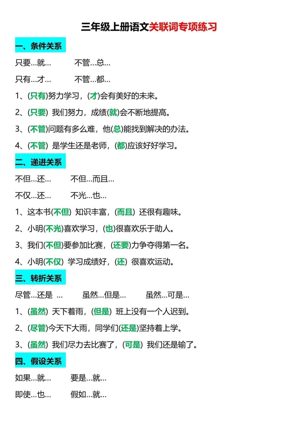 二升三关联词专项练习。二升三语文关联词专项练习，老师整理好了，家长给孩子打印一份出来学习。都是考试常考必考知识点，有电子版可打印，家长给孩子打印出来学习吧!二升三 三年级上册语文 三年级上册.pdf_第1页