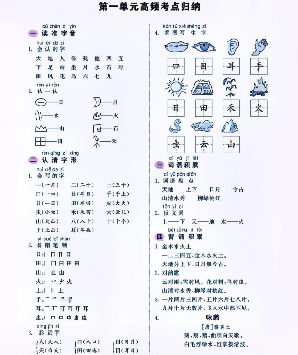 一年级上册语文1-8单元基础知识高频考点汇总大全  教育 小学知识点归纳 知识点总结.pdf_第1页