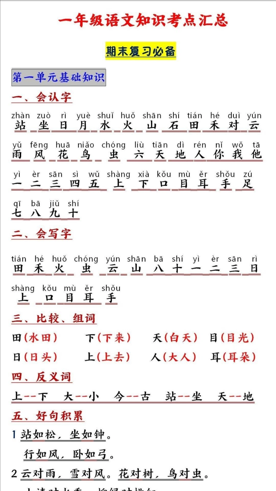 一年级上册语文期末必考重点知识点归纳教育  知识点总结 学习 小学一年级语文.pdf_第1页