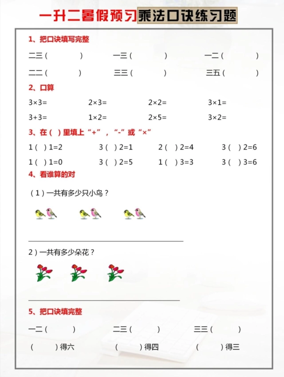 一升二暑假预习。乘法口诀练习题一升二 暑假预习 二年级数学 假期学习 乘法口诀.pdf_第1页