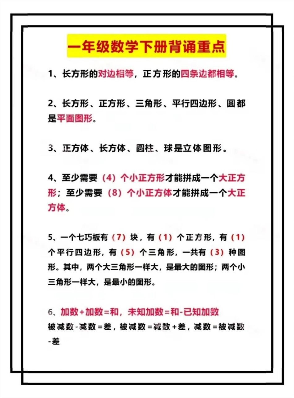 一年级数学下册重点。知识分享 育儿 一年级重点知识归纳 一年级数学 一年级数学教程.pdf_第1页