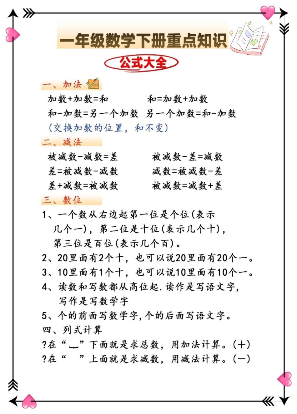 一年级数学下册重点知识点总结。一年级重点知识归纳 一年级数学 学霸秘籍 一年级数学下册 一年级下册重点.pdf_第1页