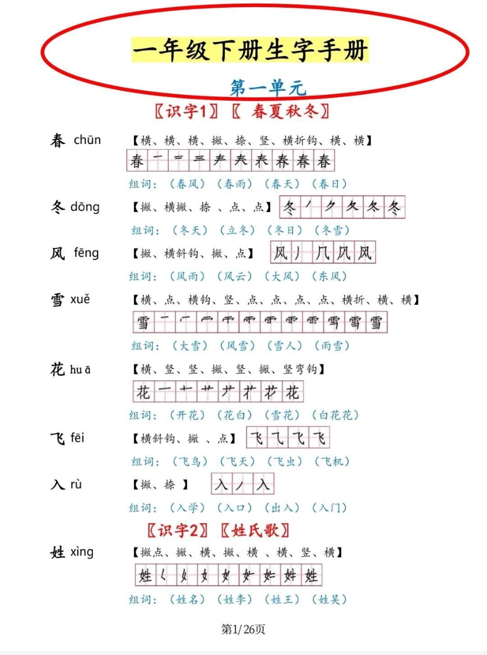 一年级太需要这个生字手册了。一年级下册生字手册，包含生字，拼音，组词，笔顺。预习学习都靠他。一年级 知识分享  一年级下册生字 语文.pdf_第1页